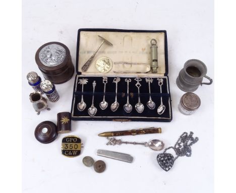 Various collectables, including Second War Military Issue J Hudson &amp; Co whistle, silver plate, rosewood patch box etc 