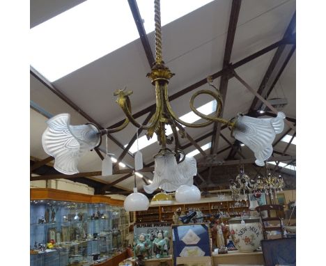 A brass 4-light hanging light fitting, frosted frilled glass shades, overall height 70cm 
