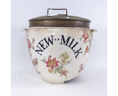A Victorian ceramic "New Milk" pan with metal cover, height 33cm (A/F) 