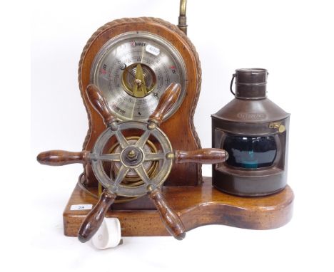 A Vintage nautical-themed oak combination table lamp/barometer, oak stand incorporating rotating ship's wheel, Milford Guild 