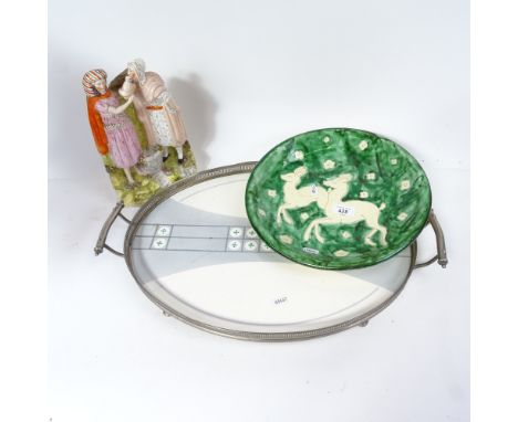 A Victorian Staffordshire group, 26cm, a Danish plate with incised and painted decoration, and a galleried ceramic tea tray 
