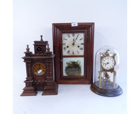 A 19th century Continental carved wood-cased cuckoo clock, height 32cm, an American rosewood-cased kitchen clock, and a brass