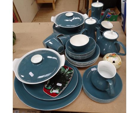 Poole Pottery teal coloured tea and dinner service, a Poole Pottery dish, and Clarice Cliff preserve pot 