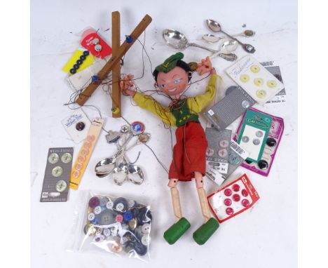 A Pelham Puppet, buttons, souvenir spoons etc 