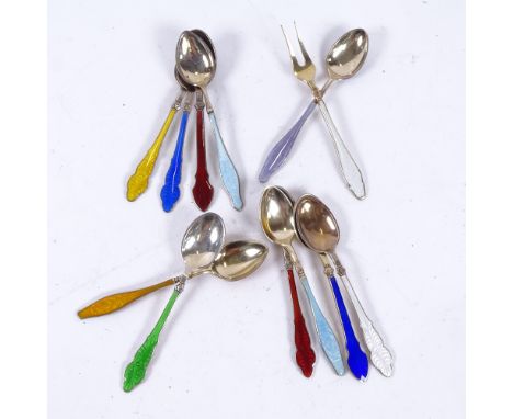 A group of Norwegian and Danish sterling silver and harlequin enamel flatware, comprising set of 5 coffee spoons, set of 4 co