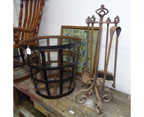A companion set, a firescreen and a fire basket 