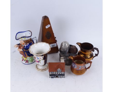 Miniature Stanhope, scissors and knife, stamp cases, an egg timer, a metronome, a Goss Shakespeare's house etc 