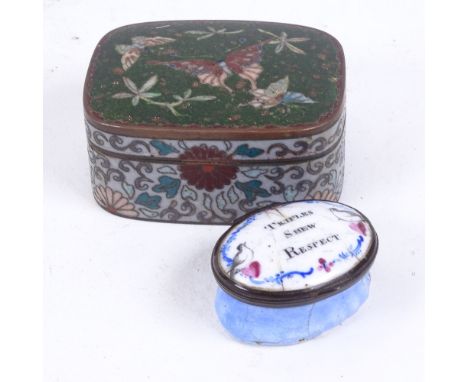A 19th century cloisonne enamel box and cover, and an 18th century Bilston enamel patch box with lid motto "Trifles Shew Resp