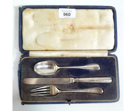 A cased silver knife, fork and spoon set 