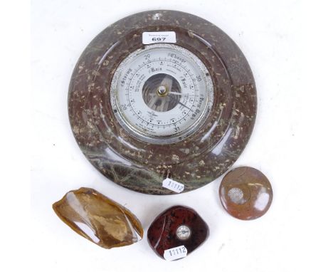 A serpentine marble barometer, 22cm, ammonite, a compass etc 