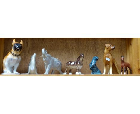 4 Russian porcelain animals, including seated Boxer dog, height 20cm, and 3 other ceramic animals (7) 