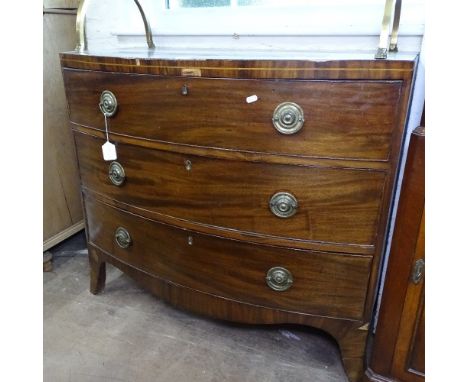 A Regency mahogany bow-front chest of 3 long drawers, with bracket feet, W99cm, H90cm 