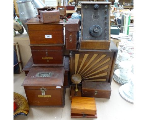 4 various GECo Phone boxes, a speaker, a miniature lamp, empty leather cases etc 