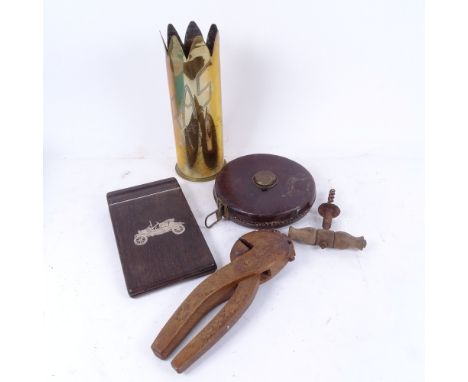 Trench art "Arras" shell case, leather tape measure, inlaid silver bog oak holder, corkscrew etc 