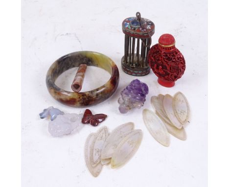 Various Oriental collectables, including mother-of-pearl gaming counters, cinnabar style snuff bottle, jadeite bangle etc 