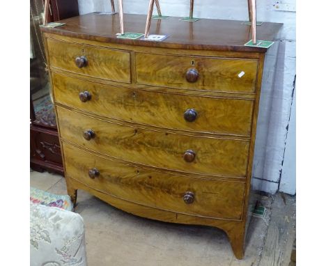 A Regency crossbanded mahogany bow-front 5-drawer chest, on bracket feet, W108cm, H105cm 