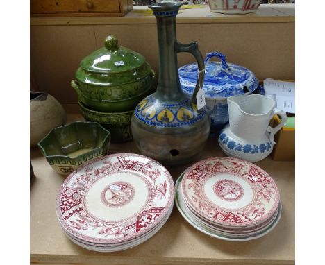 An 18thC Spode Italian soup tureen, a Gouda ewer for Liberty a\f, Aesthetic plates (congo pattern) etc 
