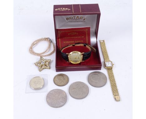 A lady's Rotary gold plated wristwatch, a gent's Rotary wristwatch, pearl necklace, coins etc 