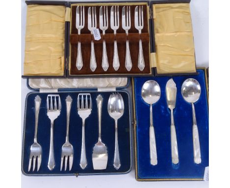 An unusual cased Mappin &amp; Webb silver plated serving set, cased mother-of-pearl handled set, and another (3) 