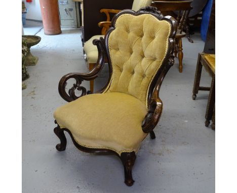 A Victorian button-back upholstered nursing chair, with scrolled mahogany surround 