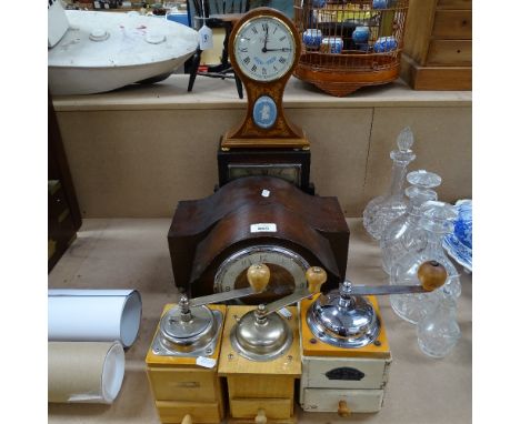 An Art Deco 2-train oak mantel clock, height 23cm, another, a 3-train oak-cased clock, a Comitti battery clock, and 3 coffee 