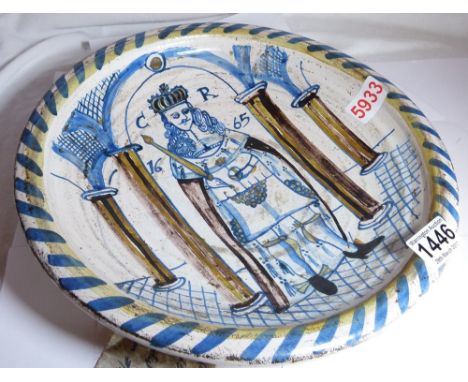 Delft 1960's replica Charles II, dated 1665, very similar to one in the Ashmolean Museum   CONDITION REPORT:  Item appears to