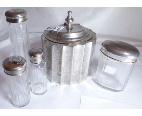 Collection of silver plated top dressing table bottles, Victorian silver plate lidded sugar bowl and a pair of Victorian bras