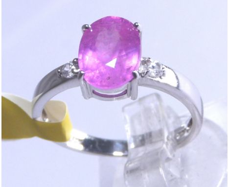 New old stock 9ct white gold large ruby solitaire ring with diamond set shoulders, size M/N