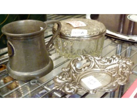 Hallmarked silver pin dish, silver plated top dressing table pot and coronation mug