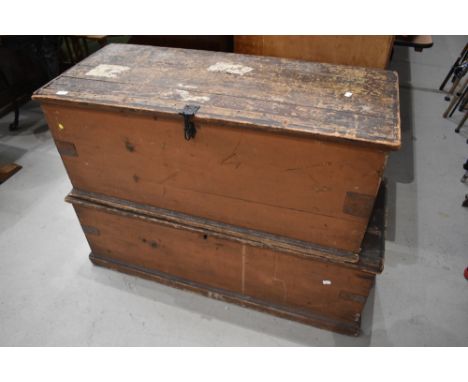 Two traditional wooden bedding or tool boxes , probably 19th Century, in need of some restoration