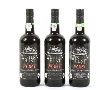 Three bottles of Walter Hicks Western Hunt Ruby Port all 75cl number 537116, 524998 and 497365.