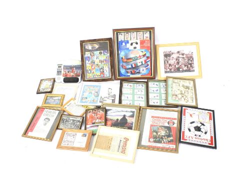 A collection of football and sporting memorabilia including cards, tickets, photographs, stamps and more