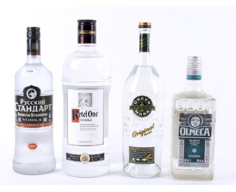 Three bottles of vodka and one of tequila. Comprising Green Mark vodka, 38% vol, 1L, Russian Standard vodka, 38% vol, 100cl, 