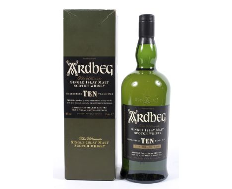 A bottle of Ardbeg ten years old single Islay malt Scotch whisky. Non chill filtered, 46% vol, 1 litre, in original box Condi