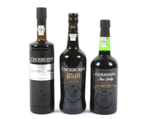 Three bottles of Cockburn's Port. Cockburn's ASSURED Exclusive Edition, Fine Ruby Port and aCockburn's special Reserve all 75