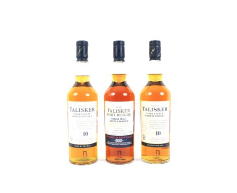 Three bottles of whisky. Including two bottles of Talisker ten year old single malt Scotch whisky and a bottle of Talisker Po