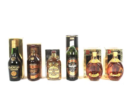 A bottle of cognac and five bottles of Scotch malt whisky. Comprising: a bottle of Glenfiddich, Pure Malt Scotch Whisky, 86 U
