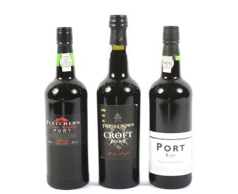 Three bottles of assorted Port. Western Hunt Ruby port, Fletcher's Fine Ruby Port and a Triple Crown Croft Port all 75cl.