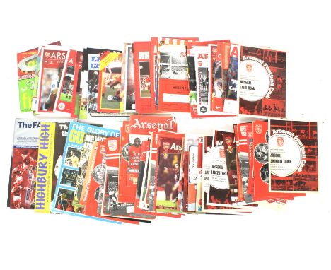 A box of approximately 100 Arsenal football programmes, 1940s onwards. Including: Home and Aways, Specials, Cup Finals and Eu
