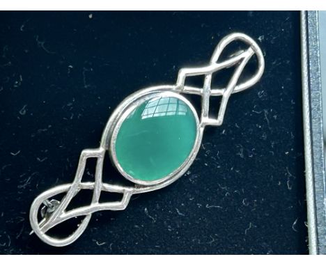 Silver celtic brooch jade stone boxed 