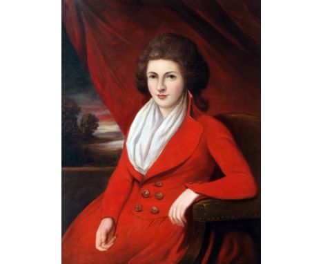 ENGLISH SCHOOL (19TH CENTURY) Half Length Portrait of a seated Lady, Landscape Beyond oil on canvas 36 x 27ins 