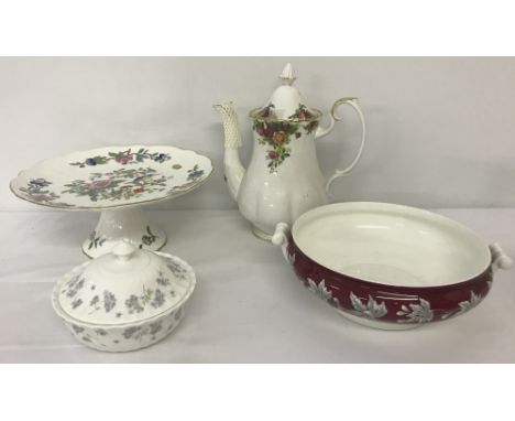 Comprising: Royal Albert "Old Country Roses" coffee pot, Aynsley "Pembroke" cake stand, Wedgwood tureen with fig design burgu