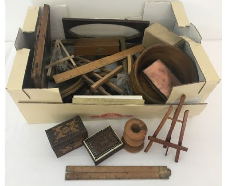 A box of mixed wooden items to include picture frames, miniature easels, trinket boxes &amp; rulers.