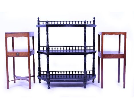 AN AESTHETIC MOVEMENT EBONISED TWO TIER SHELF with turned supports, 91cm wide x 98cm high together with two 19th century maho