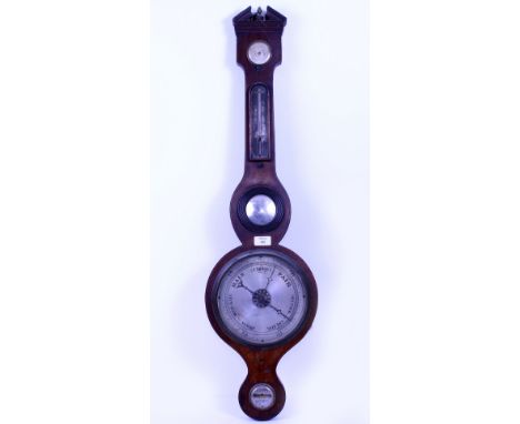 A 19TH CENTURY MAHOGANY CASED WHEEL BAROMETER with arched top break pediment, with brass finial, 96cm high