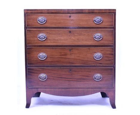 A 19TH CENTURY MAHOGANY SATINWOOD INLAID CADDY TOPPED CHEST OF FOUR LONG DRAWERS with splayed bracket feet, 77cm wide x 38.5c