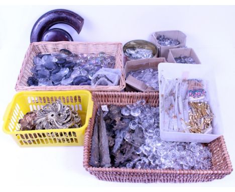 A COLLECTION OF CHANDELIER AND LIGHTING LIGHT FITTING CRYSTAL DROPPERS gilt metal ceiling roses etc., (a quantity)