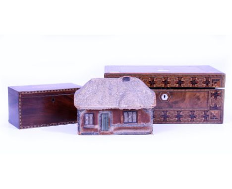A VICTORIAN WALNUT AND PARQUETRY INLAID WRITING SLOPE 40cm wide x 24cm deep x 17cm high together with a 19th century mahogany