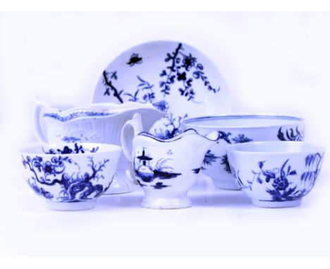A LATE 18TH CENTURY WORCESTER PORCELAIN CREAM JUG, a first period Worcester blue and white porcelain tea bowl and saucer, lat