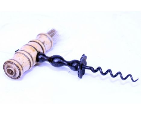 A 19TH CENTURY CORKSCREW with a bone brush handle, 15cm in length